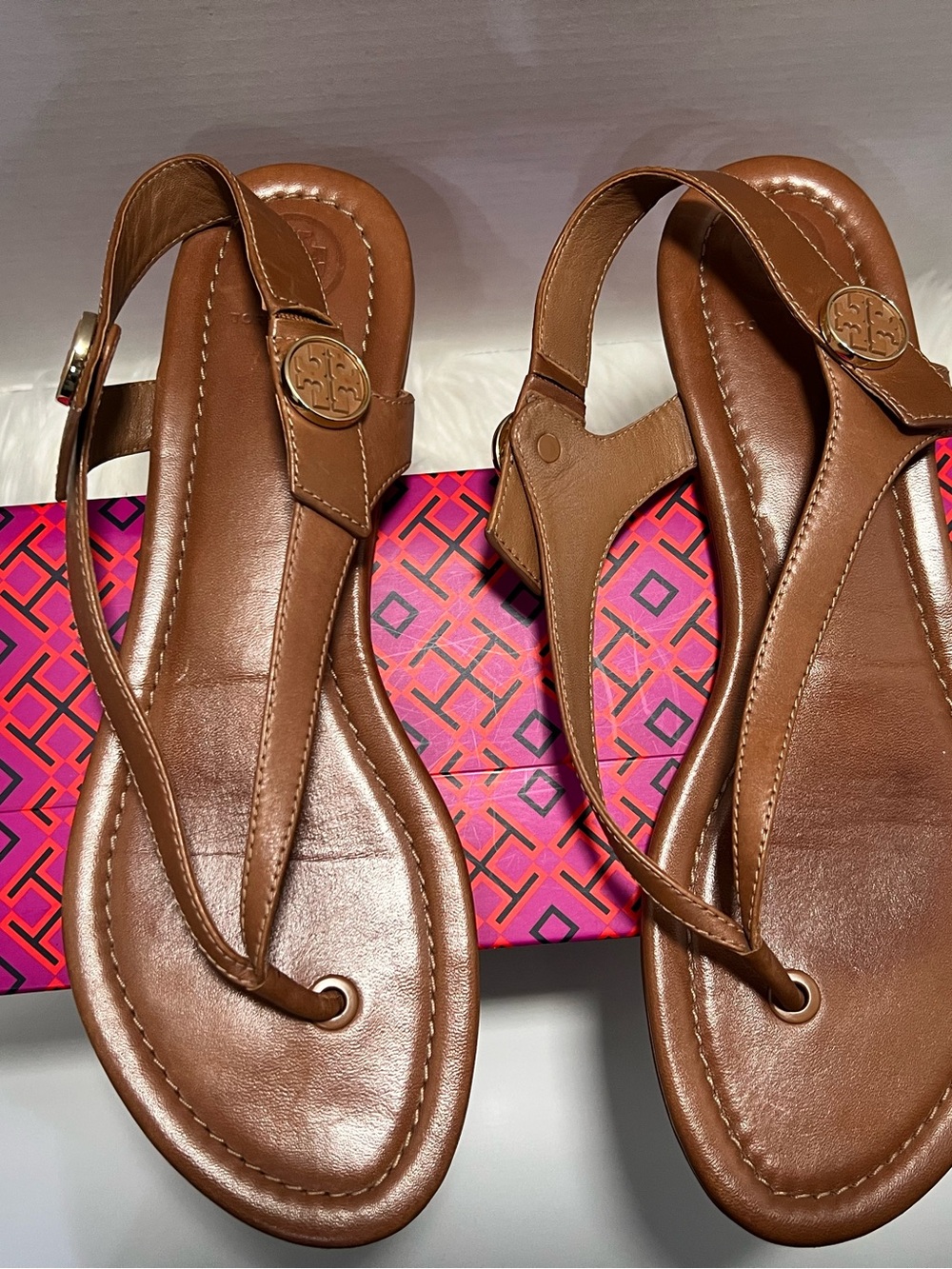 Tory Burch Tan Leather Logo Thong Sandals